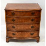 A reproduction walnut veneered bow-fronted chest of four long graduated drawers, on bracket feet, 84