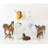 Three pieces of Sabine opalescent glassware, comprising a bird, koi carp and kneeling child (all