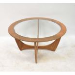 G-PLAN; a circular teak 'Astro' glass top coffee table, height 46cm, diameter 84cm.