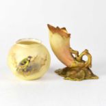 ROYAL WORCESTER; a gilt-heightened blush ivory cornucopia vase, with green backstamp for 1909,