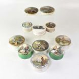 PRATT; eleven pot lids, including 'The Ningpo River', 'The Picnic', 'Cottage and Farm Animals', 'The