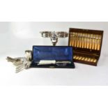 A quantity of silver plated items to include a Walker & Hall cased set of fish knives and forks, six