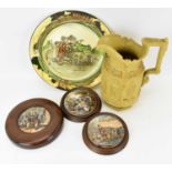 Five items of antique pottery, comprising three mounted Pratt Ware style pot lids, a Gothic-style
