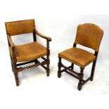 Six 1930s oak dining chairs upholstered in studded leatherette and on block and turned feet united