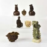 A mixed lot of items to include a Chinese jadeite carved figure of a sage on a stepped base, a