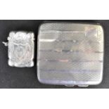 A George V hallmarked silver pocket cigarette case with engine turned striped pattern, 8 x 8cm,