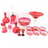 Various items of late 19th and early 20th century cranberry glass, to include a punch bowl with