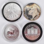 Four silver coins comprising a '2015 Silver Bullion One Ounce One Dollar Eagle', a '2017 Fine Silver