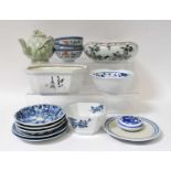 A collection of modern Chinese ceramics including celadon teapot, blue and white, etc.