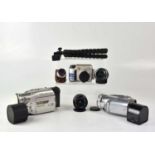 A collection of cameras and accessories to include a Panasonic NV-DS27 camcorder, an Olympus C-720