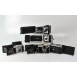 A large collection of cameras comprising Voigtlander Anastigmatic Voigtar, Ensign Selfie 820,