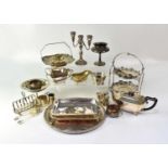 A quantity of assorted plated items, including a three-piece tea service, cake stand, entrée dish,