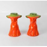 JULIUS DRESSLER; a pair of Austrian Art Nouveau style vases with orange tapering bodies and green