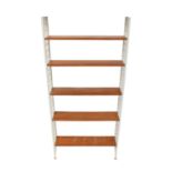 LADDERAX; a five-tier bookcase, the teak shelves fixing to white metal supports, 202 x 92cm.