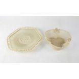 BELLEEK; a c.1880 First Period trefoil basket and similar plate (2).