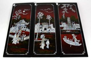 Five contemporary lacquered and mother of pearl inlaid panels, comprising three large examples, each