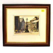 † ROBERT 'BOB' LITTLEFORD FRSA WBS (born 1945); watercolour, village square/monument scene with