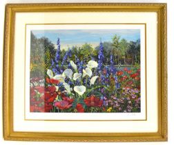 JOHN POWELL; a limited edition serigraph print depicting lilies and other garden flowers, no.15/350,
