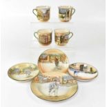 ROYAL DOULTON; four Dickens series ware cups, three saucers and a side plate (8).