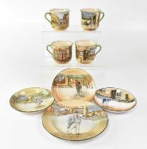 ROYAL DOULTON; four Dickens series ware cups, three saucers and a side plate (8).