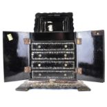 An early Victorian, c.1840 papier-mâché black lacquered sewing cabinet inlaid with mother of