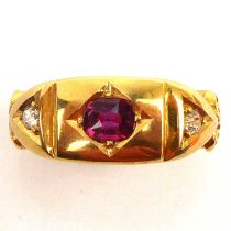 A Victorian (1883) 22ct gold ruby and diamond ring, size K, approx. 4.6g.