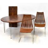 HANS BRATTRUD FOR HOVE MOBLER; a circa 1965 rosewood dining suite comprising an extending oval