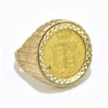 A Victorian half sovereign, shield back, 1859, set within a 9ct ring, size P, approx. 11.2g.