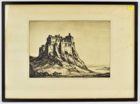 † KENNETH STEEL (1906-1973); a drypoint etching on paper, 'Lindisfarne', a view with horse and