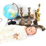 A collectors' lot to include a modern globe, a gilt wood table lamp depicting a young boy playing