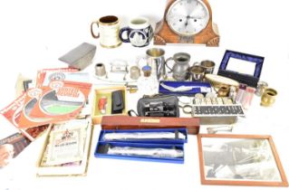 Various mixed collectibles to include an oak cased chiming mantel clock, cutlery, a grouse claw