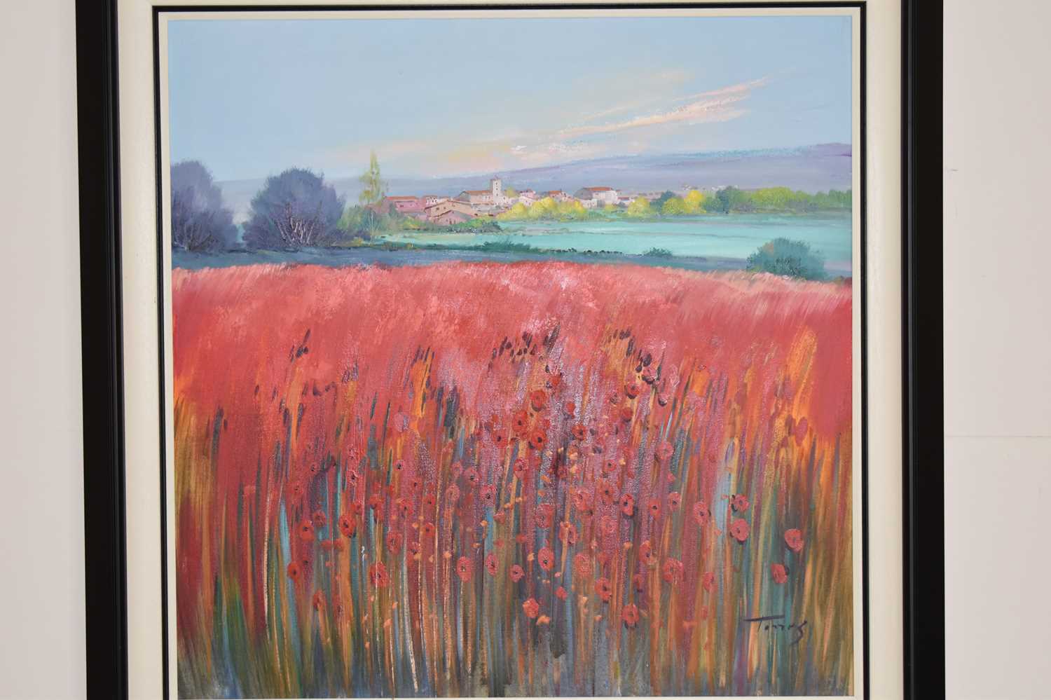 † MIGUEL TORRES (Spanish, born 1948); oil on canvas, poppy fields with village in the distance, - Image 3 of 4