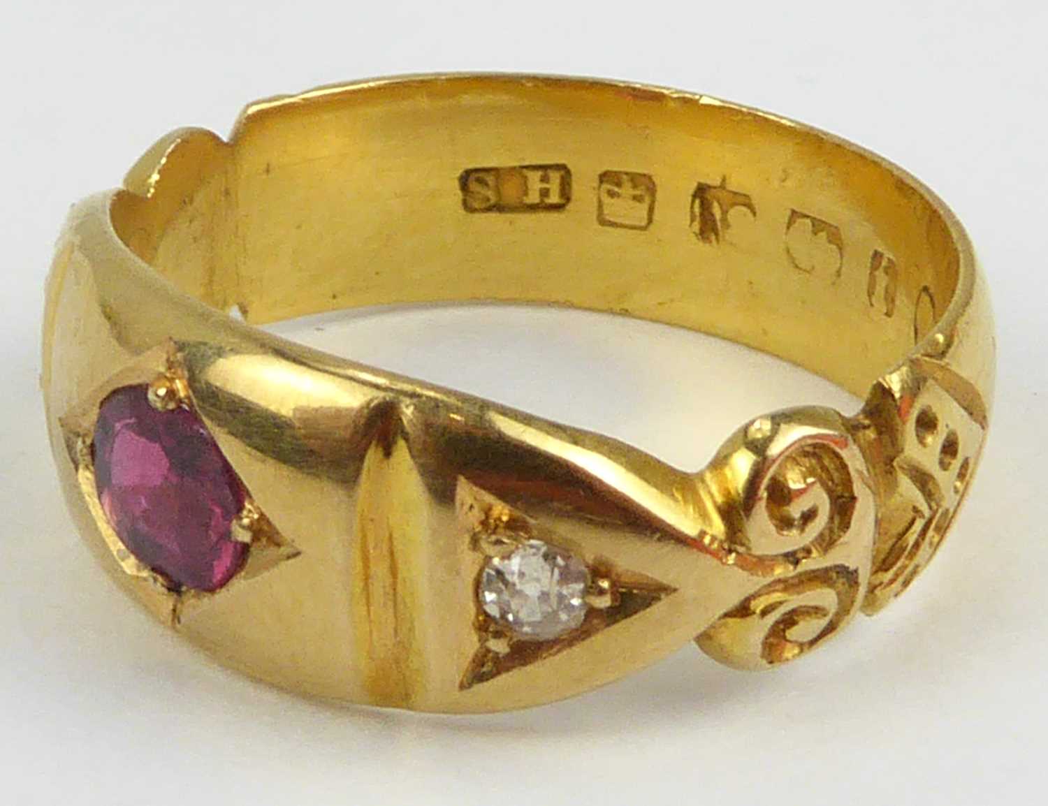 A Victorian (1883) 22ct gold ruby and diamond ring, size K, approx. 4.6g. - Image 2 of 3