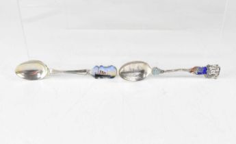 Two silver commemorative spoons for Cunard Shipping Line, RMS Lusitania with enamelled pictorial