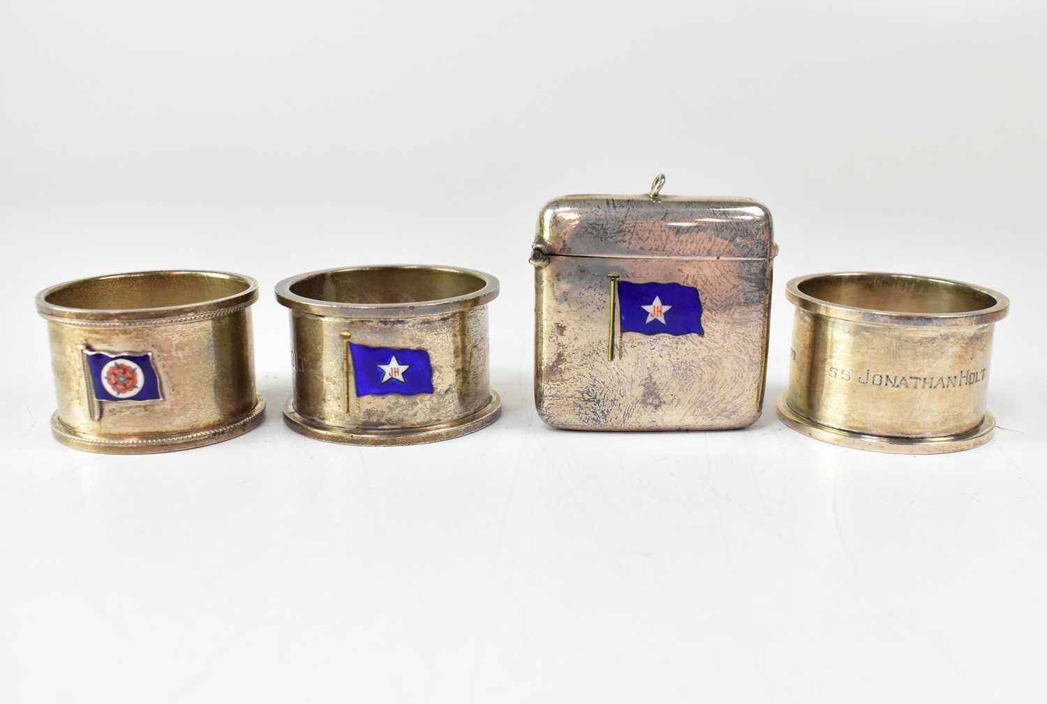 Four silver commemorative items for the John Holt & Co (Liverpool) shipping line, comprising a vesta
