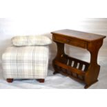 An oak magazine rack with table top and single drawer, a pouffe and matching cushion and an