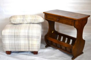 An oak magazine rack with table top and single drawer, a pouffe and matching cushion and an