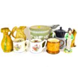 Various mixed items of 19th century and later pottery, to include frog cider mugs, a copper lustre