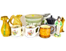 Various mixed items of 19th century and later pottery, to include frog cider mugs, a copper lustre