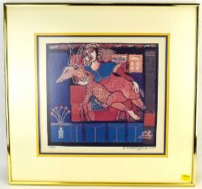 AL-FUTAIH; a limited edition screen print on linen depicting a lady with goats in interior scene,