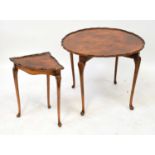 A reproduction burr walnut circular occasional table with piecrust rim, 57 x 69cm and smaller