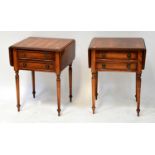 A pair of reproduction yew wood crossbanded and ebony line inlaid two-drawer drop-leaf side tables