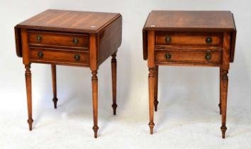 A pair of reproduction yew wood crossbanded and ebony line inlaid two-drawer drop-leaf side tables