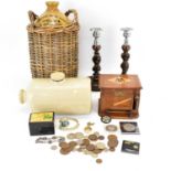 Various mixed collectibles to include a wooden inlaid card dispenser with inlaid card suits to sides