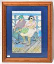 † JACK SHORE RCA (1922-2008); mixed media, two figures seated on a pier bench, with the beach and