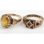 Two 9ct gold vintage rings comprising a rose gold dress ring with floral set amber-coloured stone,