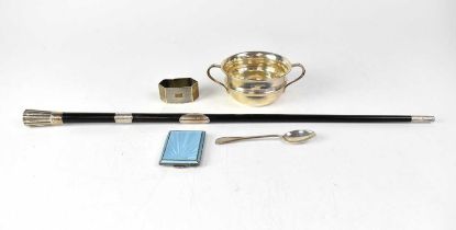 A small mixed lot of hallmarked silver items to include a blue enamelled card case, a twin-handled