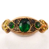 A Victorian 9ct gold green stone and tiny rose cut diamond ring, size O, approx. 1.4g.
