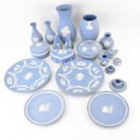 WEDGWOOD; twenty-one pieces of eggshell blue jasperware, all with applied Classical-style