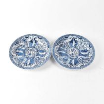 A pair of Chinese blue and white painted plates with alternating panels of figures and birds, within